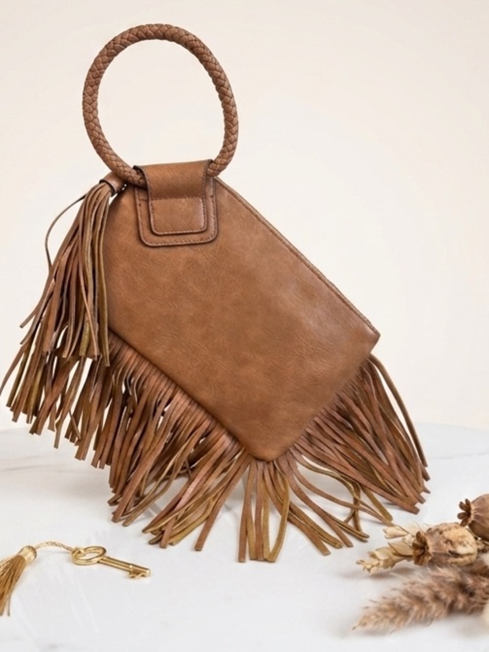 Fringed Cognac Vegan Leather Clutch